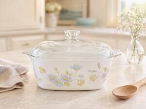 Vintage CorningWare Pastel Bouquet Casserole Dish w Lid 1980s Pyroceram